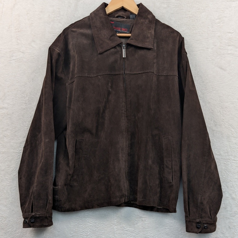 VTG Phase Two Jacket Mens L Brown Suede Leather Harrington Full Zip Workwear 90s